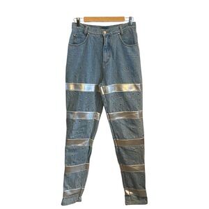 VTG 90s High Rise Blue Jeans w/ Silver Vinyl Stripes Grommet embellishment